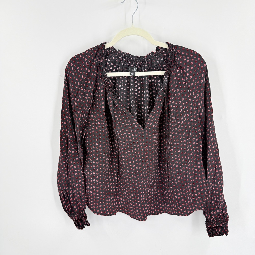 J.Crew Blouse Black Red Small Ditsy Floral Long Sleeve V-Neck Peasant Romantic